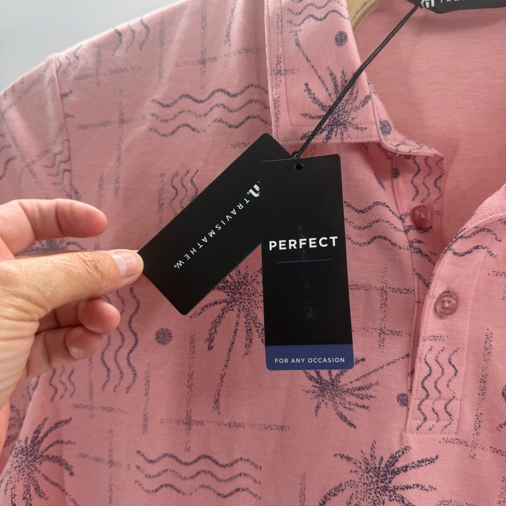 TravisMathew Mens XL Pink Tropical Palm Tree Print Short Sleeve Golf Polo Shirt - Picture 8 of 10